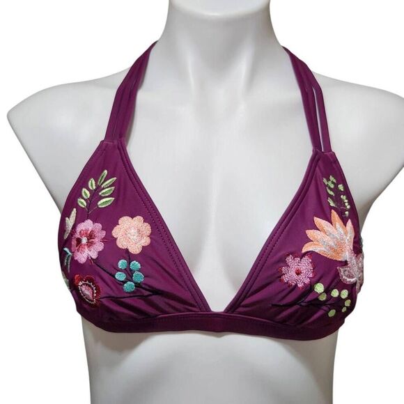 Time & True floral embroidered halter bikini top purple medium 8-10 boho - Picture 1 of 9